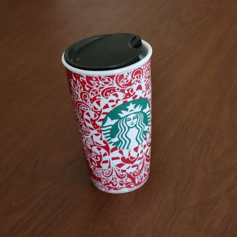 STARBUCKS 2016 Christmas Ceramic Tumbler Mermaid Logo Red White Candy Cane 12 Oz